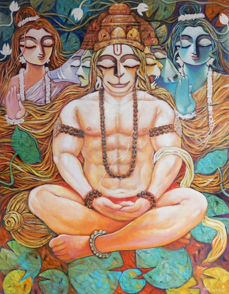 Religious acrylic painting titled 'Maha Veer', 60x48 inches, by artist Subrata Ghosh on Canvas