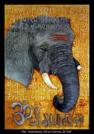 Religious oil painting titled 'Mahakaya (Ganpati)', 24x36 inches, by artist Mrs. Sushama Gode on Canvas