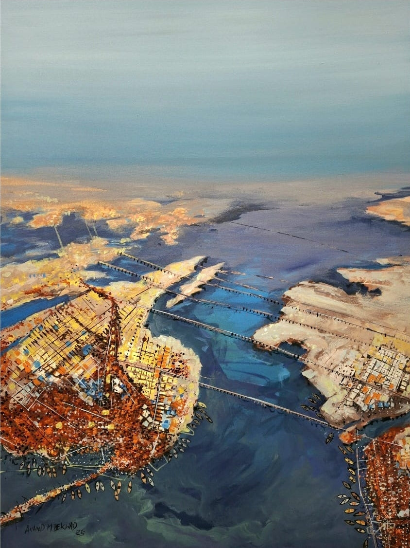 Mahakumbh 2025' religious acrylic painting by artist Anand Bekwad, 48x36 inch, on canvas