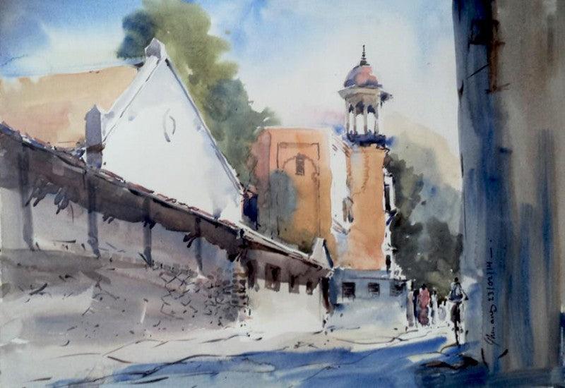Landscape watercolor painting titled 'Mahal Nagpur', 12x18 inches, by artist Ghanshyam Dongarwar on paper