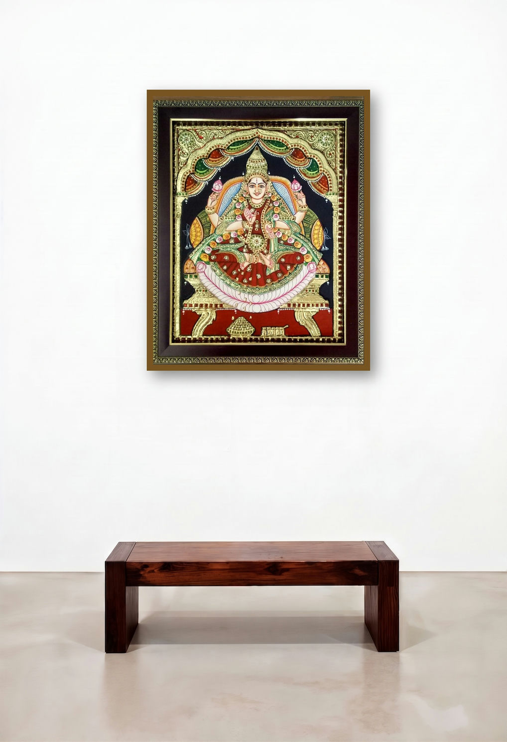 Mahalakshmi Tanjore Painting (Goddess Lakshmi on a Lotus Throne) by artist Vani Vijay displayed in a Art Deco Family Room