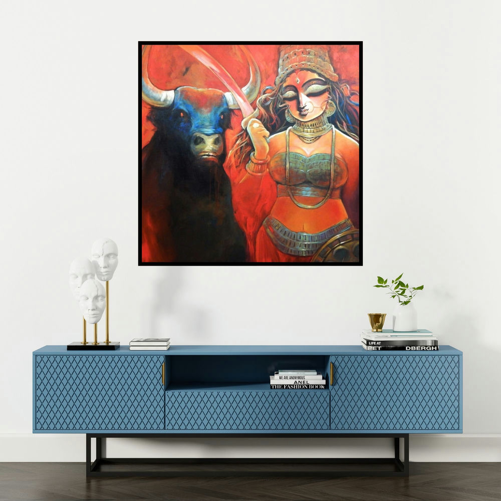 'Mahamaya' painting by Subrata Ghosh shown on a wall in a furnished room.