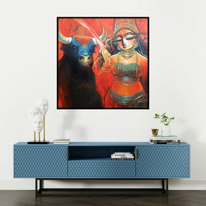 'Mahamaya' painting by Subrata Ghosh shown on a wall in a furnished room.