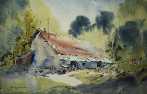 Maharajbagh Hut (Rustic Abode) by Ghanshyam Dongarwar, Original Watercolor Landscape Painting on Cold Pressed Paper, Small Horizontal Wall Art