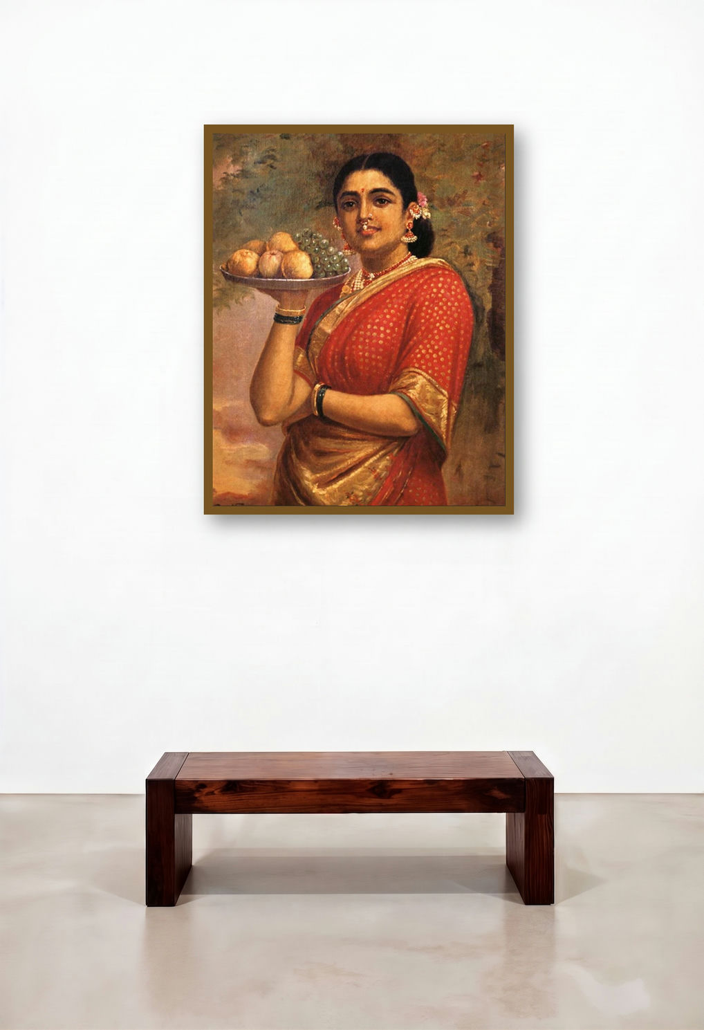 Maharashtrian Lady (The Maharashtrian Lady) by artist Raja Ravi Varma displayed in a Japandi Reception Area