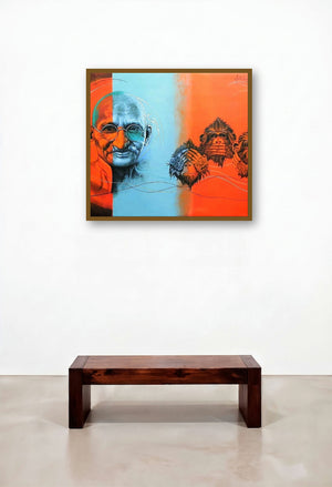 Mahatma Gandhi by artist Kriti K C Saxena displayed in a Elegant Library
