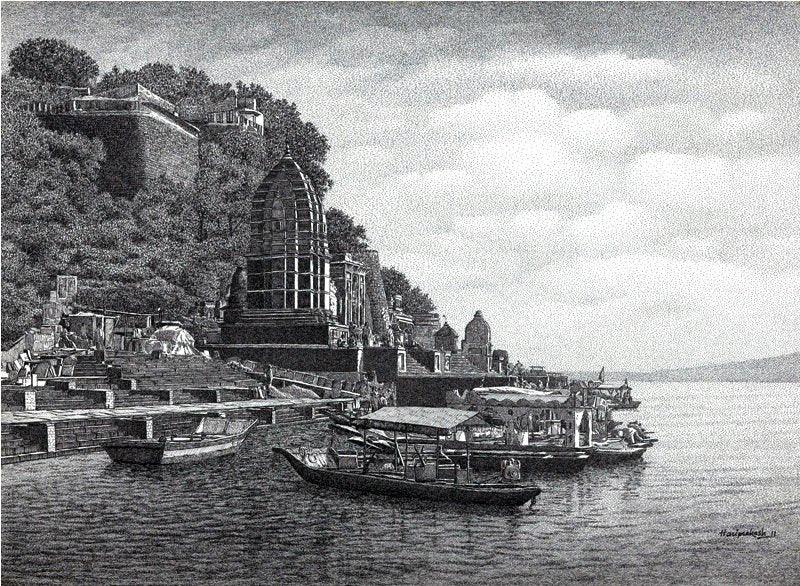 Landscape ink drawing titled 'Maheshwari Ghat', 21x29 inches, by artist Prakash Ghadge on Paper