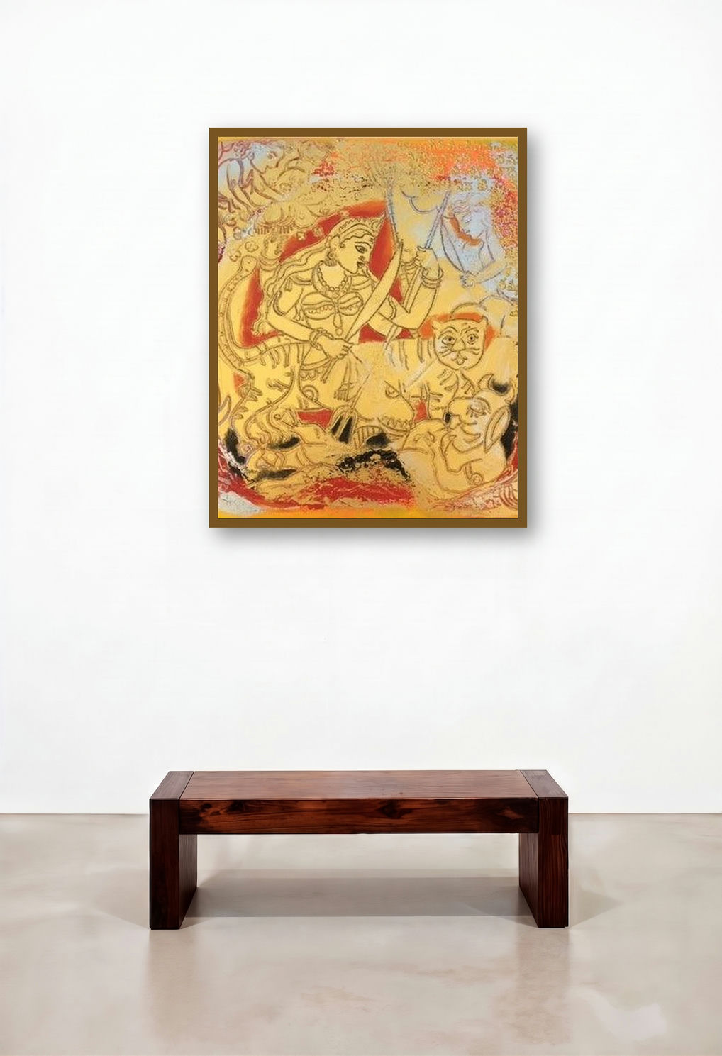 Mahishasuramardini (Durga Painting) by artist Anjani Reddy displayed in a Mid-Century Modern Library