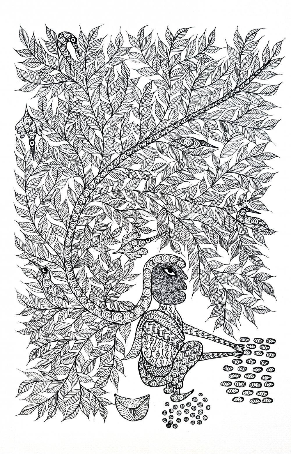 Folk Art gond traditional art titled 'Maiden Making Anklets Gond Art', 14x10 inches, by artist Umaid Singh Patta on Paper