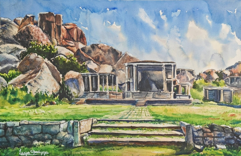 Majestic Rocks Of Hampi' religious watercolor painting by artist Lasya Upadhyaya, 15x22 inch, on paper