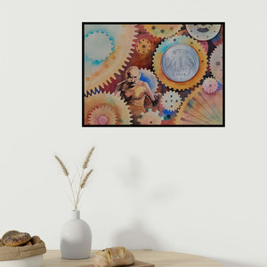 In-situ view of Yojana Dehankar's 'Make In India 1 (The Wheel of Progress)' painting in a room