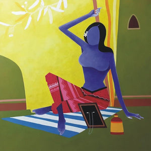 Make Up 2 (Woman in Red and Blue) by Sujit Giram, Original Acrylic Figurative Painting on Canvas, Large Vertical Wall Art