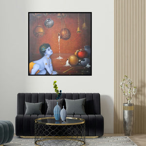 Rakhi Baid's 'Makhan Chor' painting visualized above a sofa in a contemporary room.