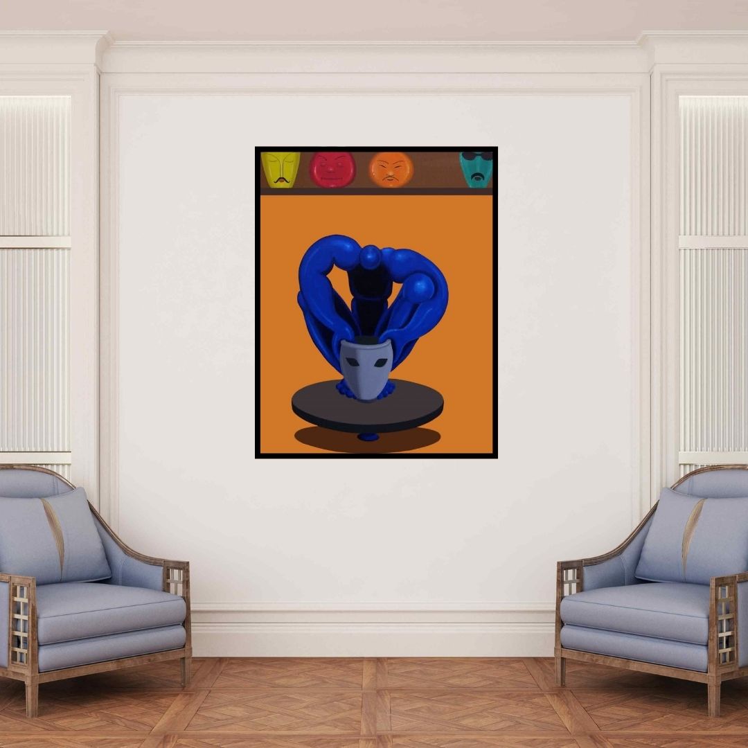 In-situ view of Jayanta Bhattacharya's 'Making Of Heads (Masks and Creation)' painting in a room