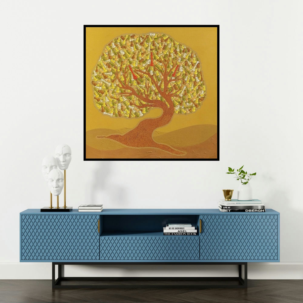'The Making Tree 1' painting by Satyajeet Shinde shown on a wall in a furnished room.