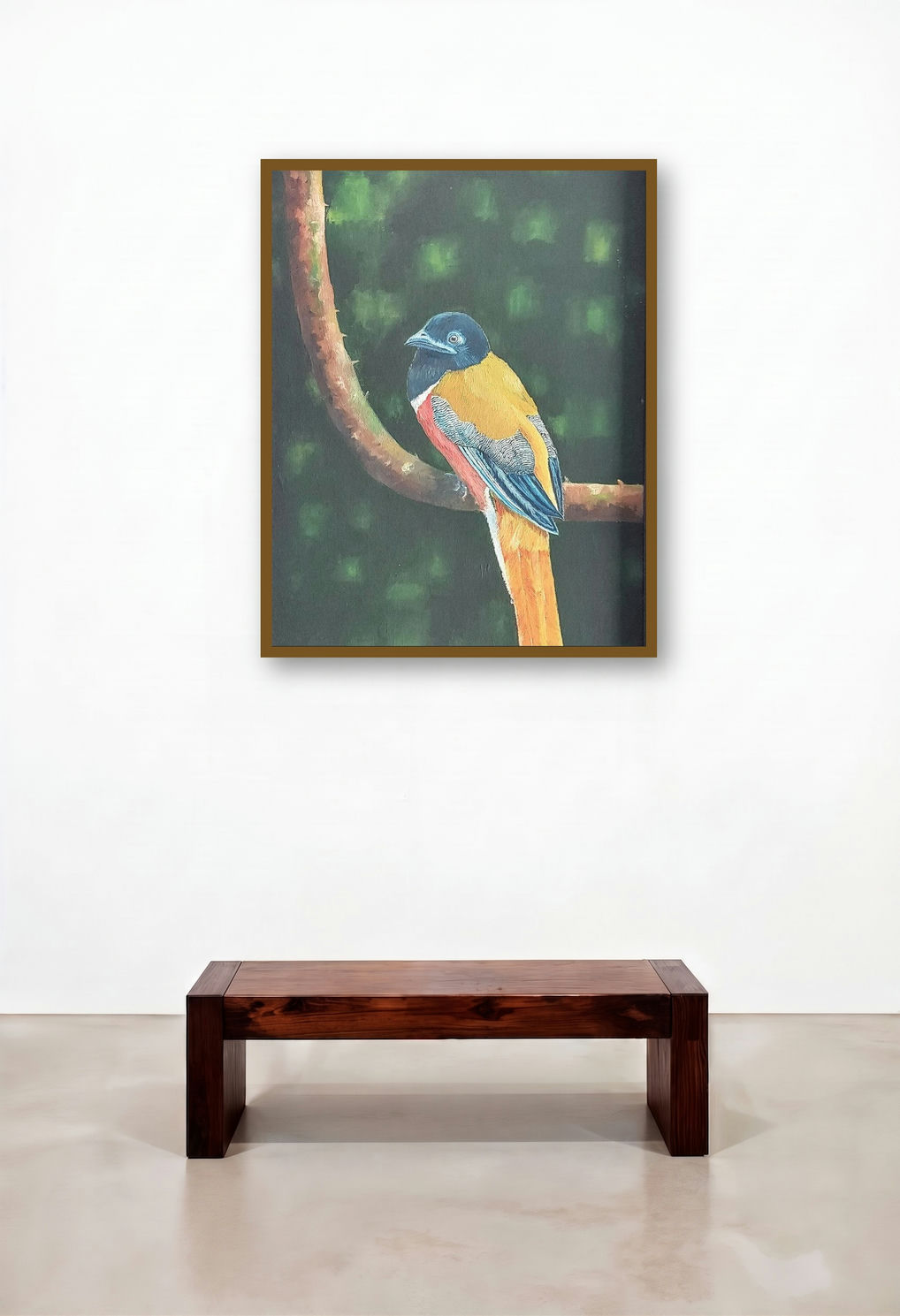 Malabar Trogon (A Vibrant Visitor) by artist Yashodan Heblekar displayed in a Transitional Dining Room