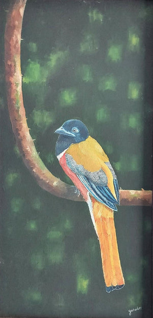 Malabar Trogon (A Vibrant Visitor) by Yashodan Heblekar, Original Oil Animal Painting on Canvas, Small Vertical Wall Art