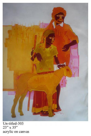 Man And Daughter by Tailor Srinivas, Original Acrylic Figurative Painting on Canvas, Medium Vertical Wall Art