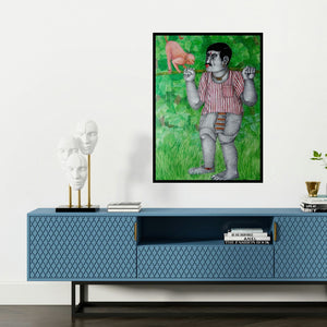 'Man And Monkey' painting by Bhawandla Narahari shown on a wall in a furnished room.