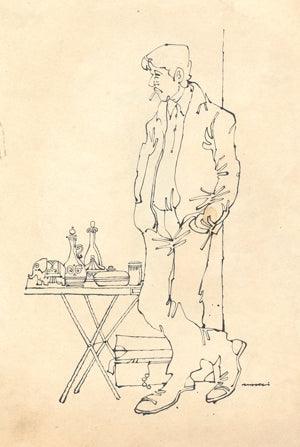 Figurative pen ink drawing titled 'Man At Flea Market', 10x8 inches, by artist Mario Miranda on Paper