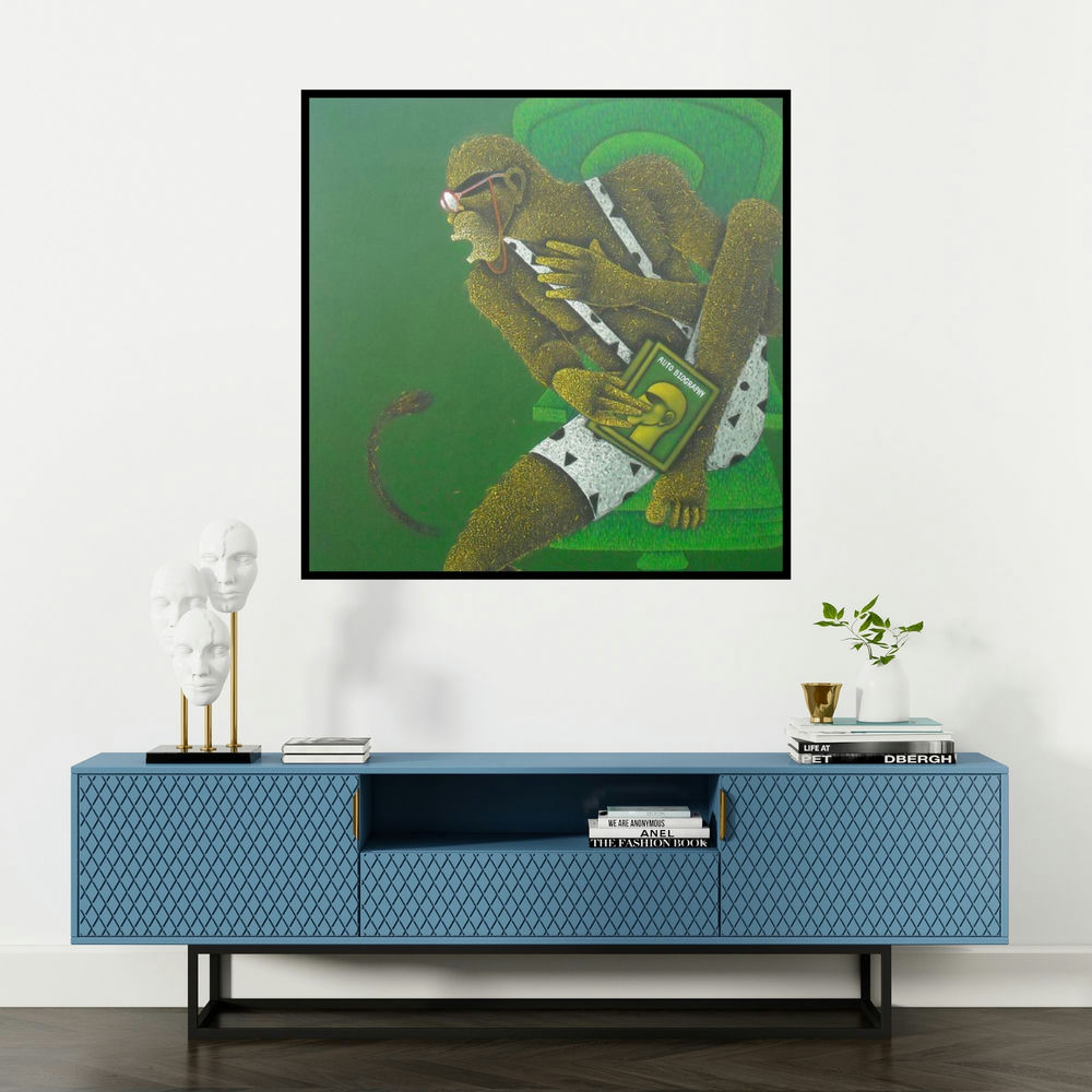 'Man With Biography' painting by Satyajeet Shinde shown on a wall in a furnished room.