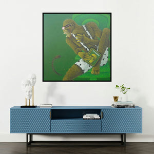 'Man With Biography' painting by Satyajeet Shinde shown on a wall in a furnished room.