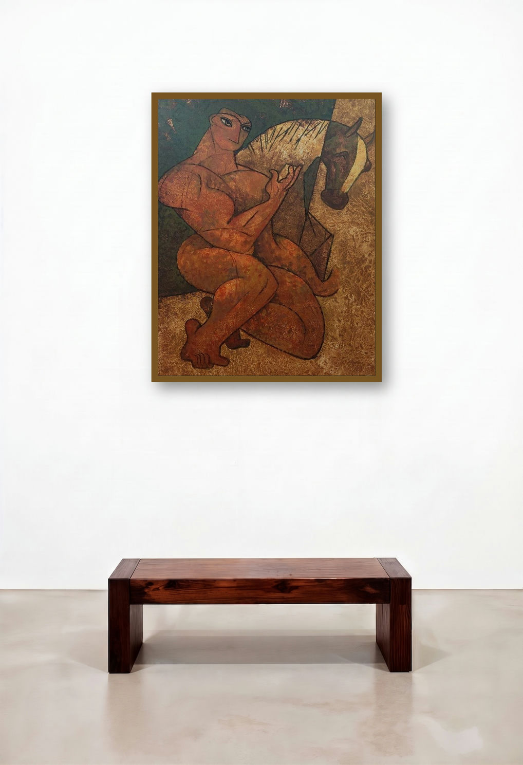 Man With Horse (A Bond of Strength) by artist Ramesh Gujar displayed in a Art Deco Hotel Lobby