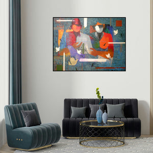 'Man Woman (Shared Moments)' painting by Ranjit Singh shown on a wall in a furnished room.