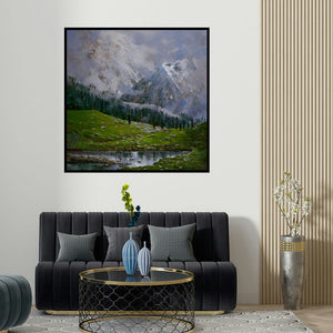 Mangesh Shinde's 'Manali (Serene Mountain Retreat)' painting visualized above a sofa in a contemporary room.