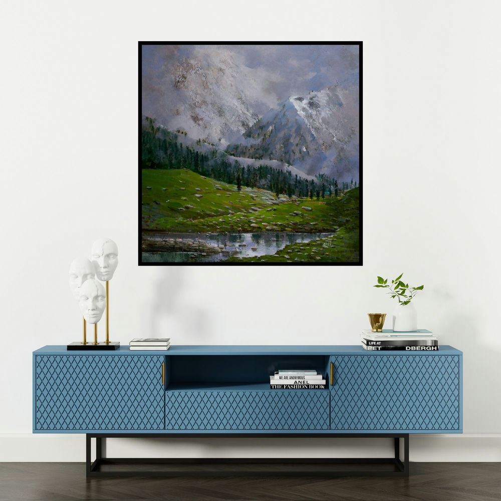 'Manali (Serene Mountain Retreat)' painting by Mangesh Shinde shown on a wall in a furnished room.
