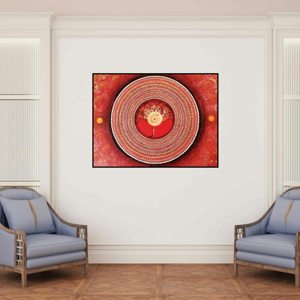 'Mandala Series 1 Muladhara' painting by Nitu Chhajer shown on a wall in a furnished room.