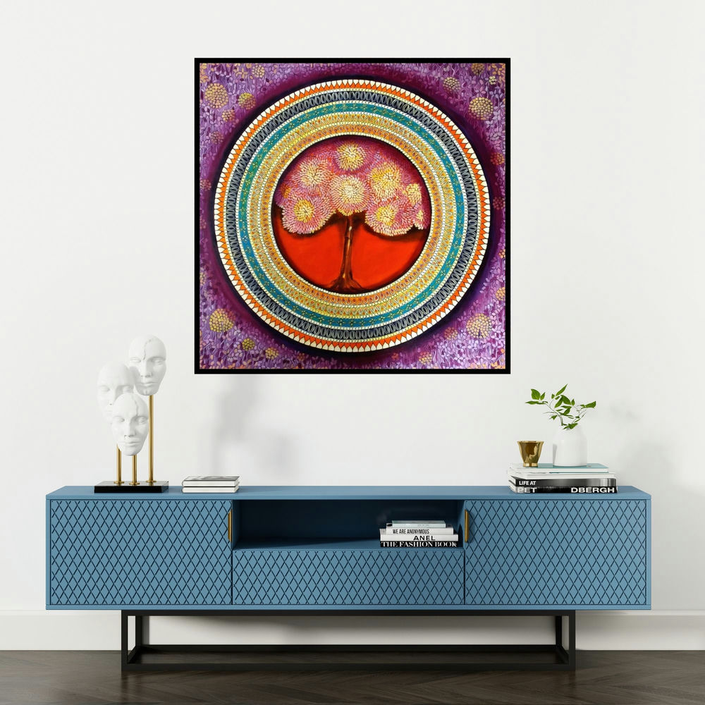 'Mandala A Soul Connection 4' painting by Nitu Chhajer shown on a wall in a furnished room.