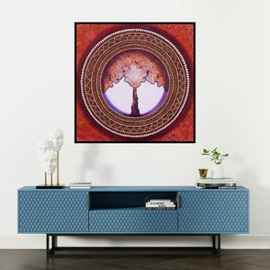 'Mandala A Soul Connection Series 10 (The Cosmic Tree)' painting by Nitu Chhajer shown on a wall in a furnished room.