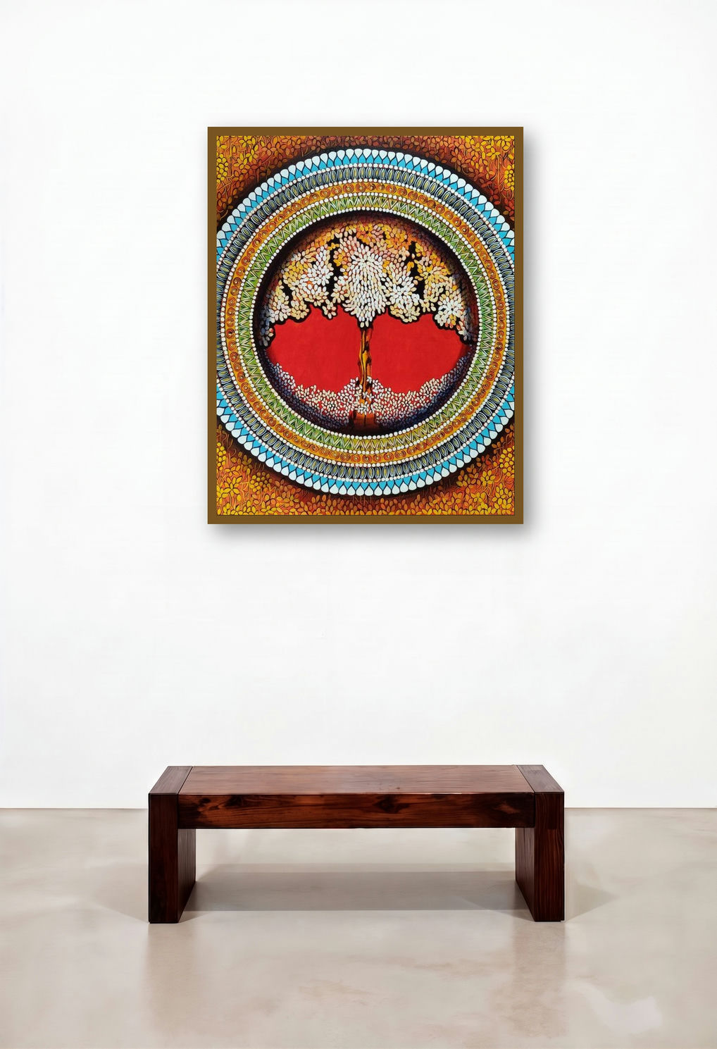 Mandala Soul Connection Series 7 (The Heart of Nature) by artist Nitu Chhajer displayed in a Mid-Century Modern Library
