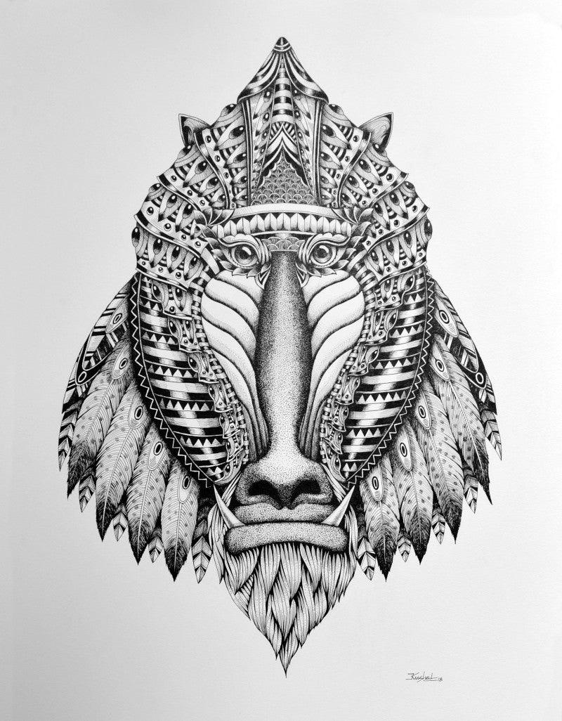 Animals pen drawing titled 'Mandrill', 30x22 inches, by artist Kushal Kumar on Paper