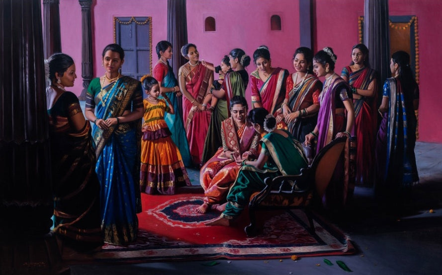 Mangal Toran' figurative oil painting by artist Mahesh Soundatte, 60x96 inch, on linen