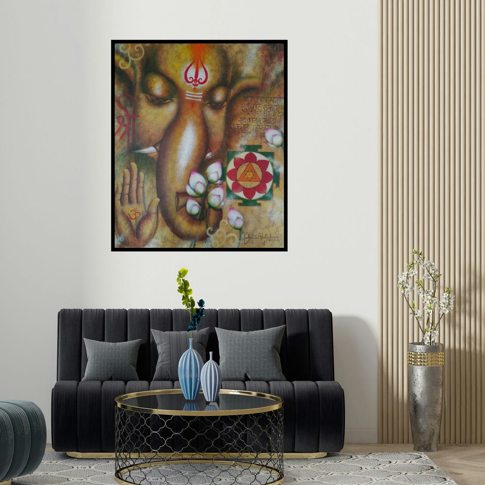 'Mangalmurti (Ganesh with Lotus)' painting by Madhumita Bhattacharya shown on a wall in a furnished room.