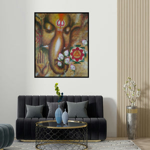 'Mangalmurti (Ganesh with Lotus)' painting by Madhumita Bhattacharya shown on a wall in a furnished room.
