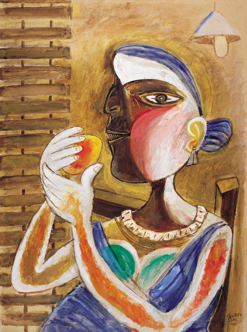 Figurative serigraphs painting titled 'The Mango Lover', 24x18 inch, by artist Paritosh Sen on Paper
