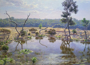 Mangrov Dahisar (Mirror of the Marsh) by Sanjay Sarfare, Original Oil Landscape Painting on Canvas, Small Horizontal Wall Art