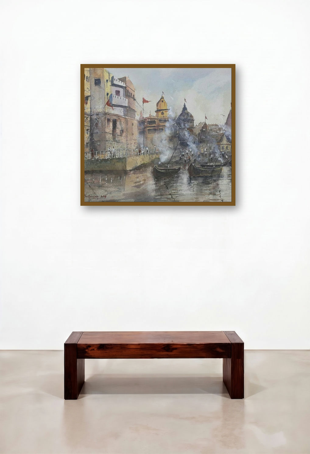 Manikarnika Ghat Banaras (Morning Rituals on the Ganges) by artist Mrutyunjaya Dash displayed in a Mid-Century Modern Living Room