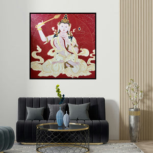 Aditi Agarwal's 'Manjushri (Celestial Dance)' painting visualized above a sofa in a contemporary room.