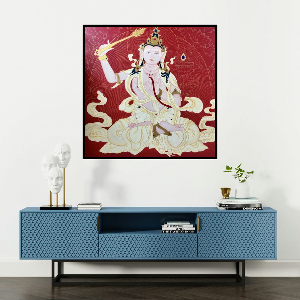 'Manjushri (Celestial Dance)' painting by Aditi Agarwal shown on a wall in a furnished room.