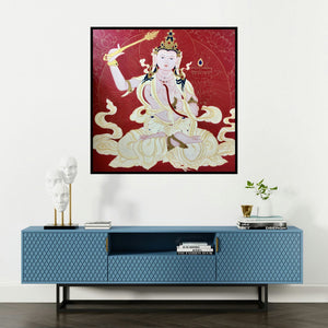 'Manjushri (Celestial Dance)' painting by Aditi Agarwal shown on a wall in a furnished room.