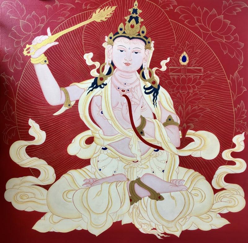 Religious acrylic painting titled 'Manjushri', 36x36 inches, by artist Aditi Agarwal on Canvas