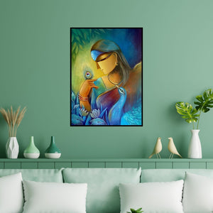 Preview of 'Mann 2 (Serene Beauty)' Painting by Mousumi Mukherjee shown on a wall in a furnished room.