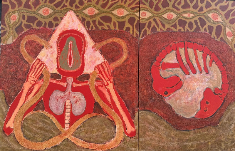 'Mansa (Goddess Of Fertility) (Diptych)' contemporary mixed-media painting by artist Shyam Koli, 36x72 inch, on canvas