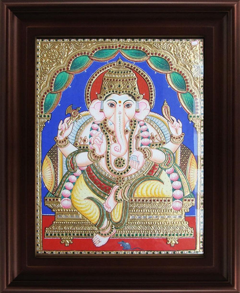 Religious tanjore traditional art titled 'Mantap Ganesha Tanjore Painting 3', 24x18 inches, by artist Myangadi Tanjore on Plywood
