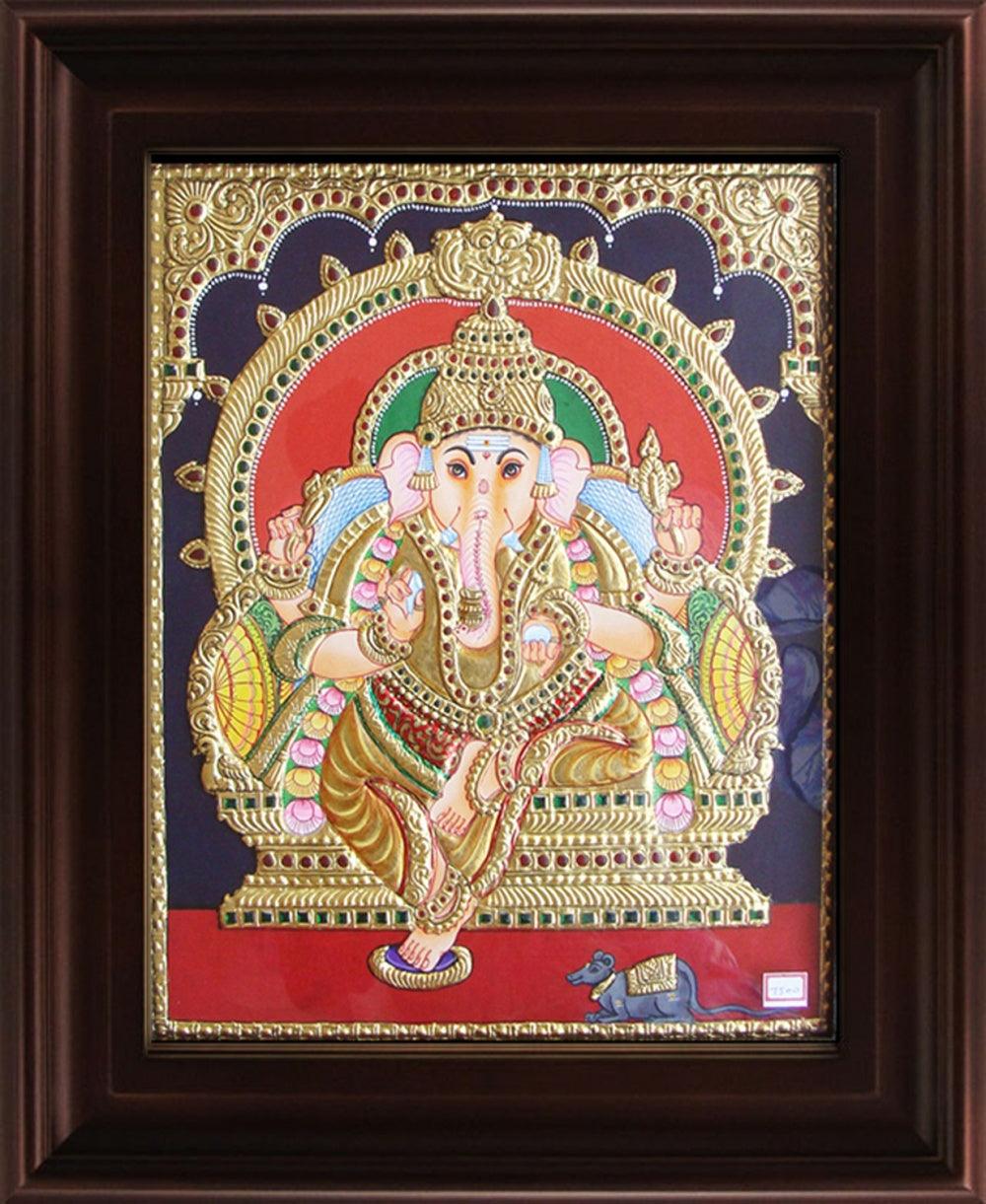 Religious tanjore traditional art titled 'Mantap Ganesha Tanjore Painting', 24x18 inches, by artist Myangadi Tanjore on Plywood