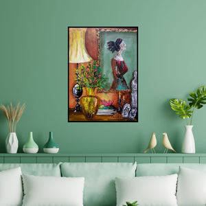 Preview of 'Mantel' Painting by Sheetal Singh shown on a wall in a furnished room.